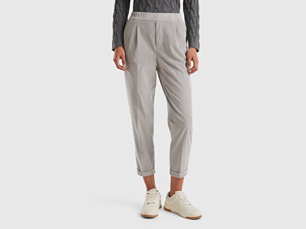 Benetton Kadın Açık Bej Beli Lastikli Kadife Pantolon