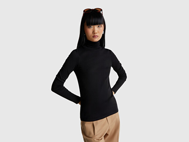 Benetton Kadın Siyah %100 Pamuk Boğazlı Uzun Kollu T-Shirt