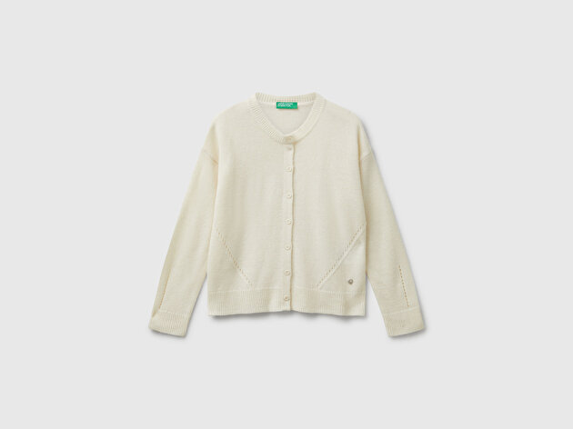 Benetton Kız Çocuk Krem Yün Karışımlı Logo Detaylı Nervürlü Hırka