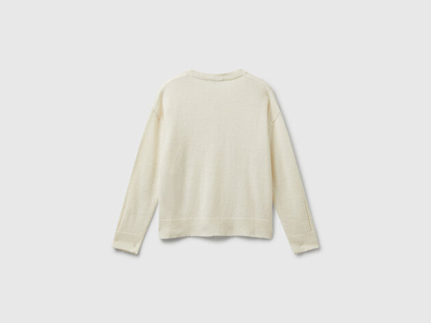 Benetton Kız Çocuk Krem Yün Karışımlı Logo Detaylı Nervürlü Hırka