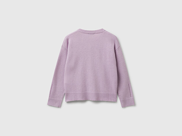 Benetton Kız Çocuk Lila Yün Karışımlı Logo Detaylı Nervürlü Hırka
