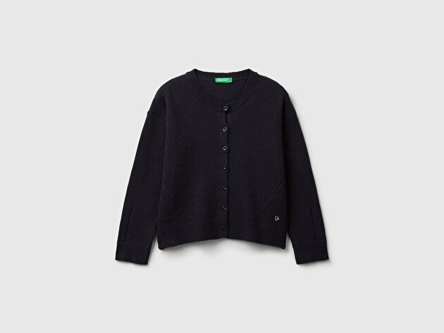 Benetton Kız Çocuk Lacivert Yün Karışımlı Logo Detaylı Nervürlü Hırka