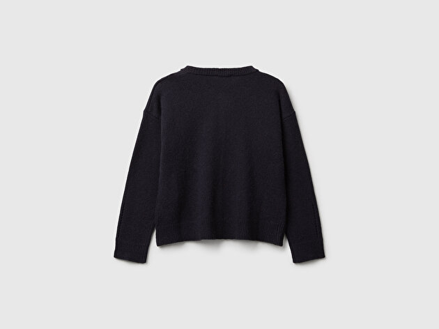 Benetton Kız Çocuk Lacivert Yün Karışımlı Logo Detaylı Nervürlü Hırka