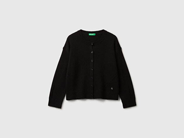 Benetton Kız Çocuk Siyah Yün Karışımlı Logo Detaylı Nervürlü Hırka