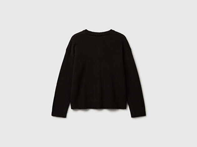 Benetton Kız Çocuk Siyah Yün Karışımlı Logo Detaylı Nervürlü Hırka