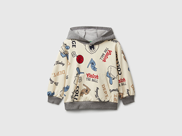 Benetton Erkek Bebek Ekri Mix Tamamı Baskılı Önü Cepli Kapüşonlu Sweatshirt