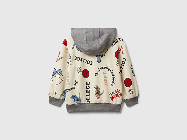 Benetton Erkek Bebek Ekri Mix Tamamı Baskılı Önü Cepli Kapüşonlu Sweatshirt