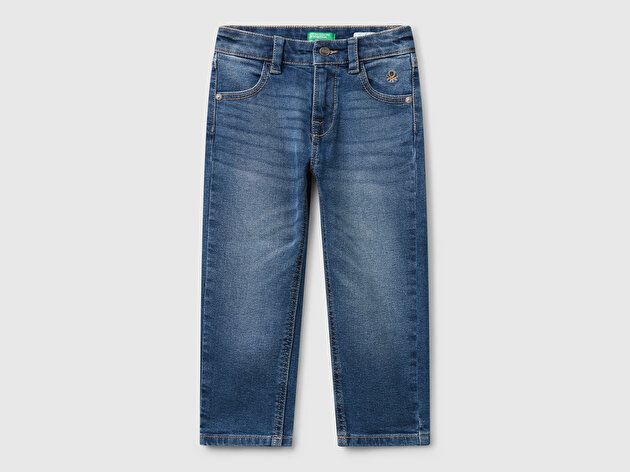 Benetton Erkek Çocuk Önü Logo İşlemeli 5 Cepli Ağartılmış Denim Pantolon