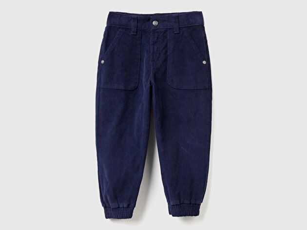 Benetton Erkek Bebek Lacivert Arka Cebi Logo Detaylı Lastik Paça Kadife Pantolon