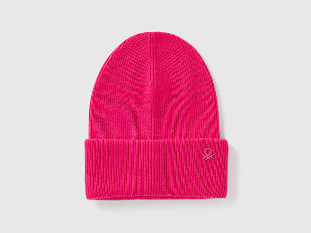 Benetton Erkek Çocuk Pembe Yün ve Viskoz Karışımlı Logo Nakışlı Bere 