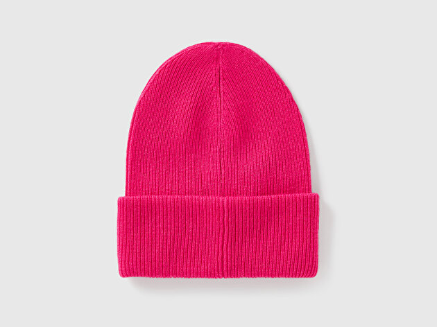 Benetton Erkek Çocuk Pembe Yün ve Viskoz Karışımlı Logo Nakışlı Bere 