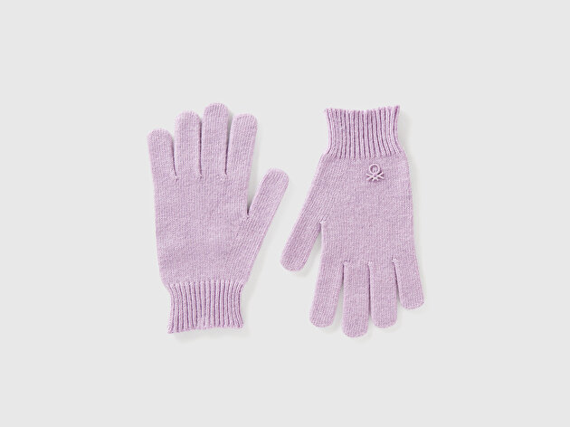Benetton Erkek Çocuk Lila Yün ve Viskoz Karışımlı Logo Nakışlı Eldiven