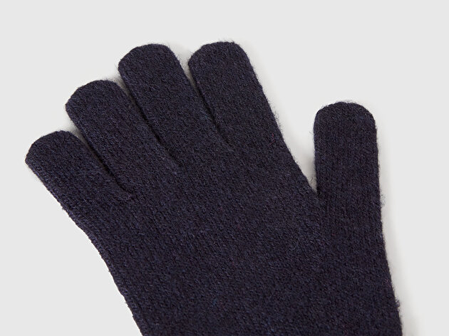 Benetton Erkek Çocuk Lacivert Yün ve Viskoz Karışımlı Logo Nakışlı Eldiven