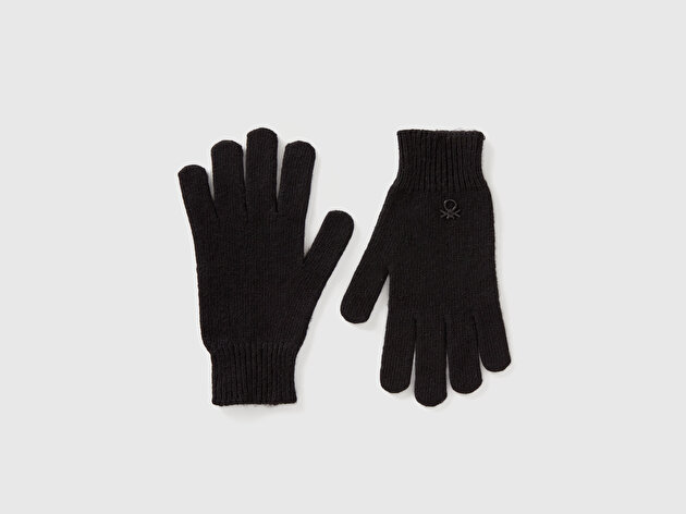 Benetton Erkek Çocuk Siyah Yün ve Viskoz Karışımlı Logo Nakışlı Eldiven