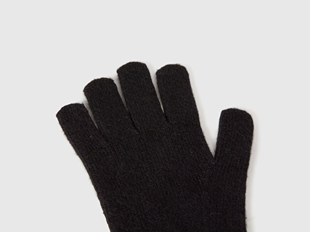 Benetton Erkek Çocuk Siyah Yün ve Viskoz Karışımlı Logo Nakışlı Eldiven