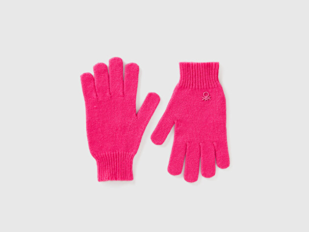 Benetton Erkek Çocuk Pembe Yün ve Viskoz Karışımlı Logo Nakışlı Eldiven