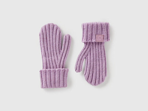 Benetton Erkek Bebek Lila Yün ve Viskoz Karışımlı Logo Etiketli Nervürlü Eldiven