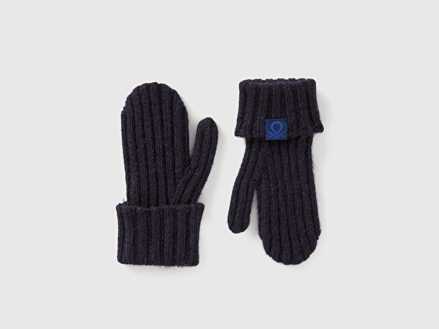 Benetton Erkek Bebek Lacivert Yün ve Viskoz Karışımlı Logo Etiketli Nervürlü Eldiven