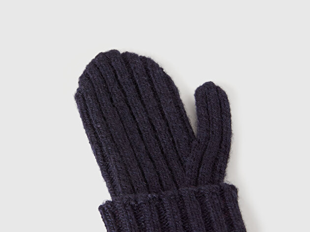 Benetton Erkek Bebek Lacivert Yün ve Viskoz Karışımlı Logo Etiketli Nervürlü Eldiven