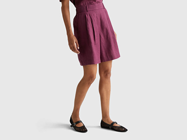 Benetton Kadın Mürdüm %100 Keten Arka Beli Lastikli Pileli Relax Fit Bermuda Şort