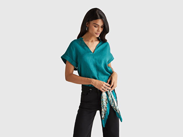 Benetton Kadın Koyu Yeşil %100 Keten V Yaka Kimono Kol Bluz