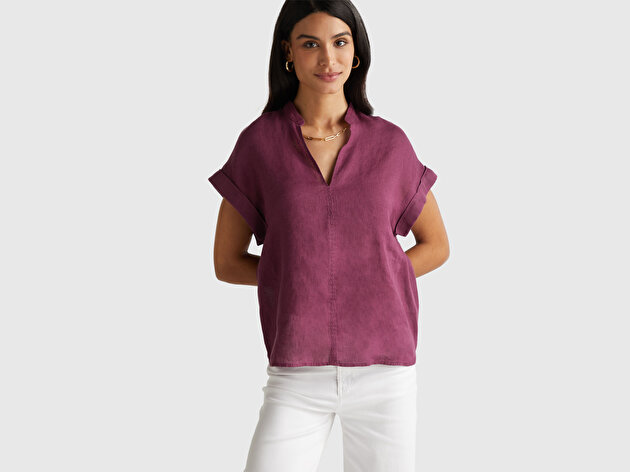 Benetton Kadın Mürdüm %100 Keten V Yaka Kimono Kol Bluz
