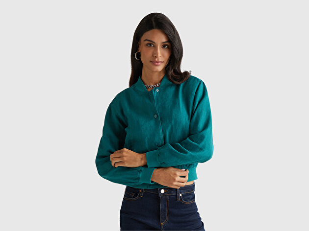 Benetton Kadın Koyu Yeşil %100 Keten Bomber Ceket
