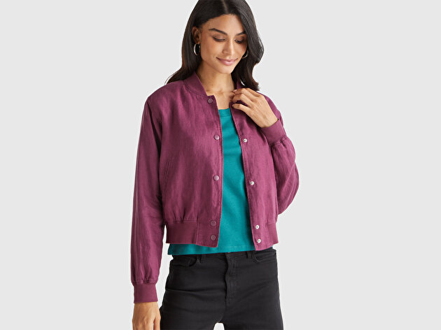 Benetton Kadın Mürdüm %100 Keten Bomber Ceket