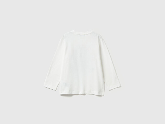 Benetton Erkek Bebek Ekru Önü Baskılı Fermuarlı Aplikeli Jarse Uzun Kollu T-shirt