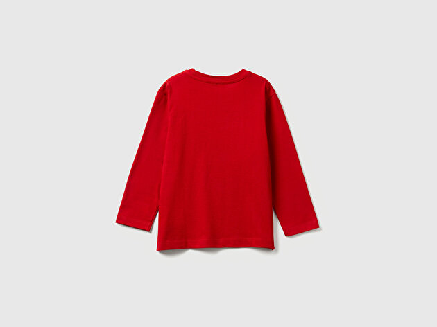 Benetton Erkek Bebek Kırmızı Önü Baskılı Fermuarlı Aplikeli Jarse Uzun Kollu T-shirt