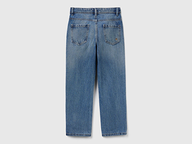Benetton Erkek Çocuk Koyu Mavi Eskitilmiş Efektli Düğmeli Denim Pantolon