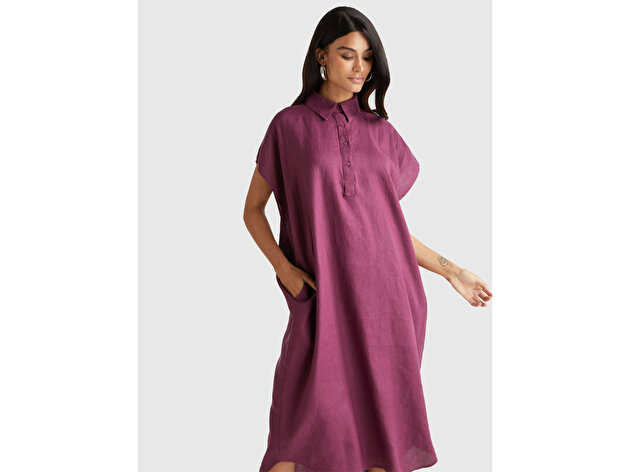 Benetton Kadın Mürdüm %100 Keten Önü Düğmeli Gömlek Yaka Kısa Kollu  Maxi Elbise