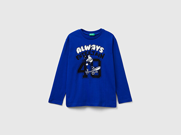 Benetton Erkek Çocuk Saks Mavisi Önü Baskılı Bisiklet Yaka Uzun Kollu T-shirt