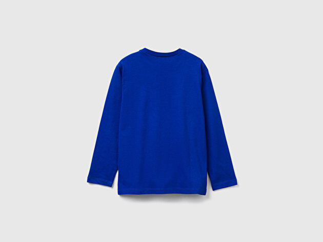 Benetton Erkek Çocuk Saks Mavisi Önü Baskılı Bisiklet Yaka Uzun Kollu T-shirt