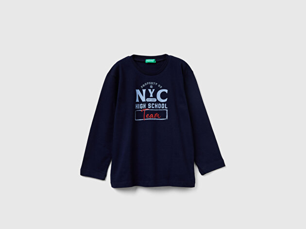 Benetton Erkek Bebek Lacivert Baskılı Relaxed Fit Jarse Uzun Kollu T-shirt