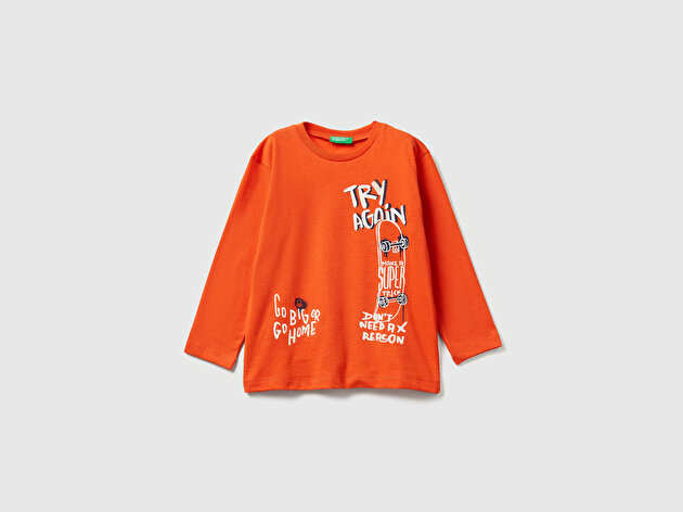 Benetton Erkek Bebek Turuncu Baskılı Relaxed Fit Jarse Uzun Kollu T-shirt