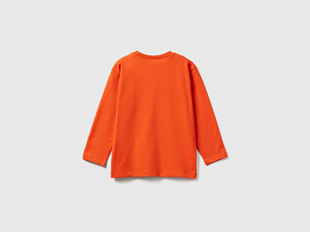 Benetton Erkek Bebek Turuncu Baskılı Relaxed Fit Jarse Uzun Kollu T-shirt