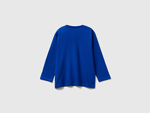 Benetton Erkek Bebek Saks Mavisi Baskılı Relaxed Fit Jarse Uzun Kollu T-shirt