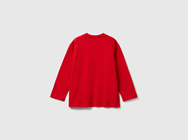 Benetton Erkek Bebek Kırmızı Baskılı Relaxed Fit Jarse Uzun Kollu T-shirt