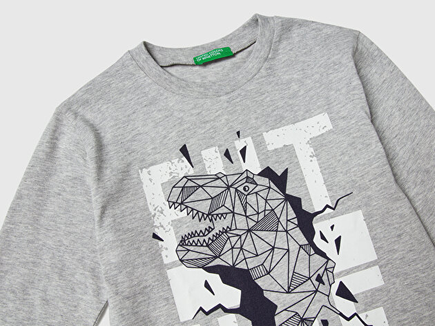 Benetton Erkek Bebek Gri Melanj Baskılı Relaxed Fit Jarse Uzun Kollu T-shirt