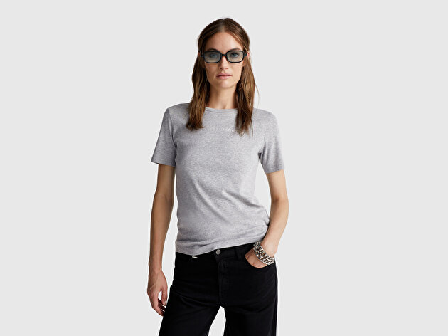 Benetton Kadın Gri Melanj %100 Koton Benetton Yazılı Basic T-Shirt