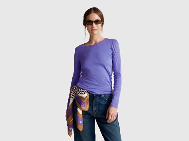 Benetton Kadın Mor Basic Bisiklet Yaka Uzun Kollu T-Shirt