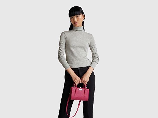 Benetton Kadın Gri Melanj %100 Pamuk Boğazlı Uzun Kollu T-Shirt