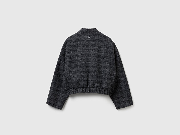 Benetton Kız Çocuk Koyu Gri Yama Cepli Fermuarlı Chanel Stili Ceket