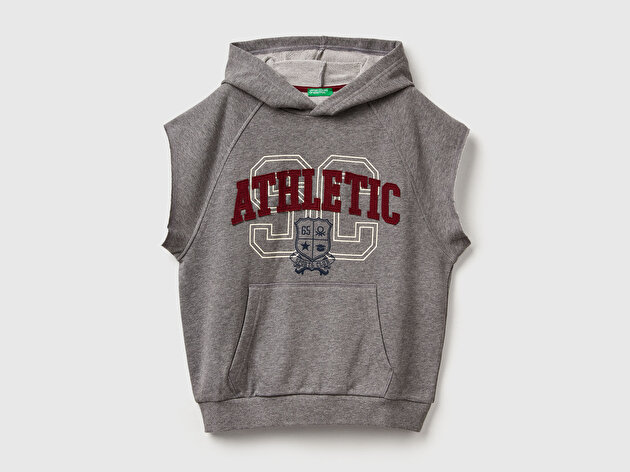 Benetton Erkek Çocuk Antrasit Melanj Baskılı Kese Cep Detaylı Kapüşonlu Raglan Kolsuz Sweatshirt 