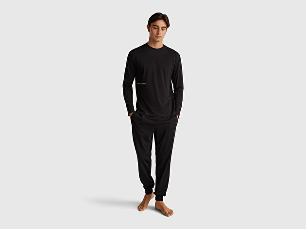 Benetton Erkek Siyah %100 Pamuk Logo Detaylı Pijama Üstü