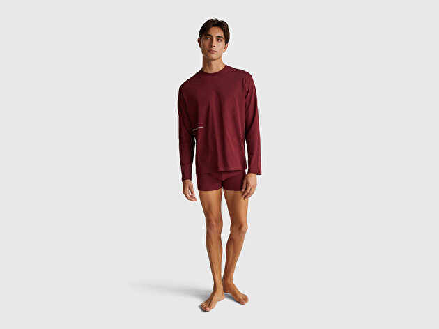 Benetton Erkek Bordo %100 Pamuk Logo Detaylı Pijama Üstü