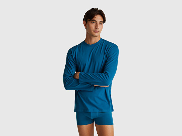 Benetton Erkek Mavi %100 Pamuk Logo Detaylı Pijama Üstü