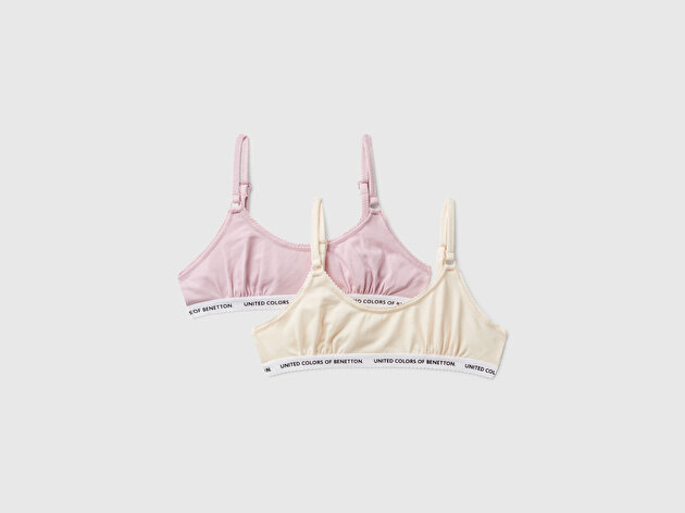 Benetton Kız Çocuk Krem-Pembe Logo Bantlı Ayarlanabilir Askılı 2'li Sütyen Seti