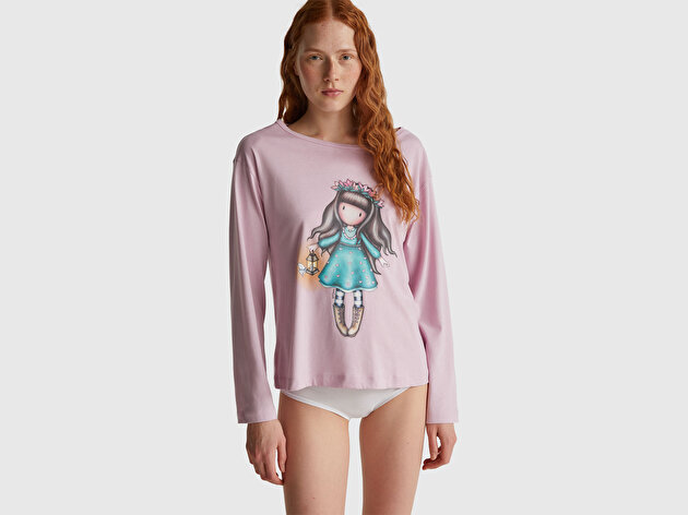 Benetton Kadın Toz Pembe Koton Karışımlı Gorjuss Baskılı Pijama üstü